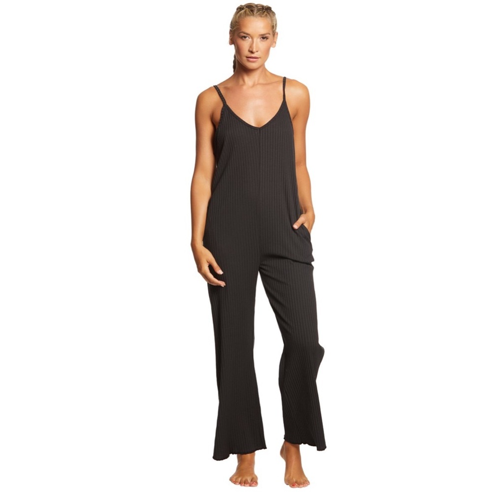 Spiritual Gangster Black Ribbed V-Neck Wide-Leg Jumpsuit, Small